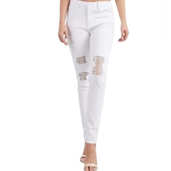 Judy Blue Denim - Judy Blue High Waist White Skinny Distressed Lace Inset Jeans Size 11/30 JB84133